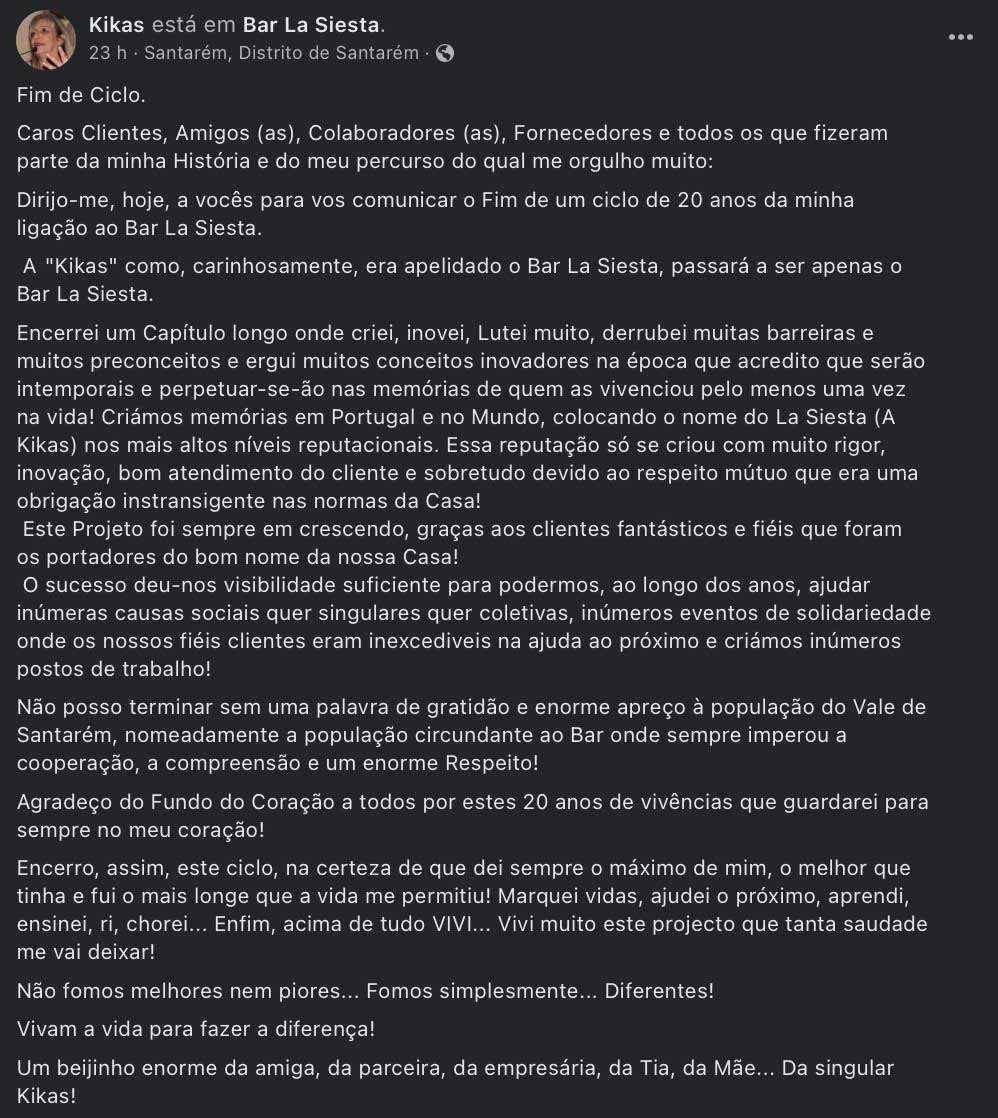Kikas reforma-se e deixa bar La Siesta