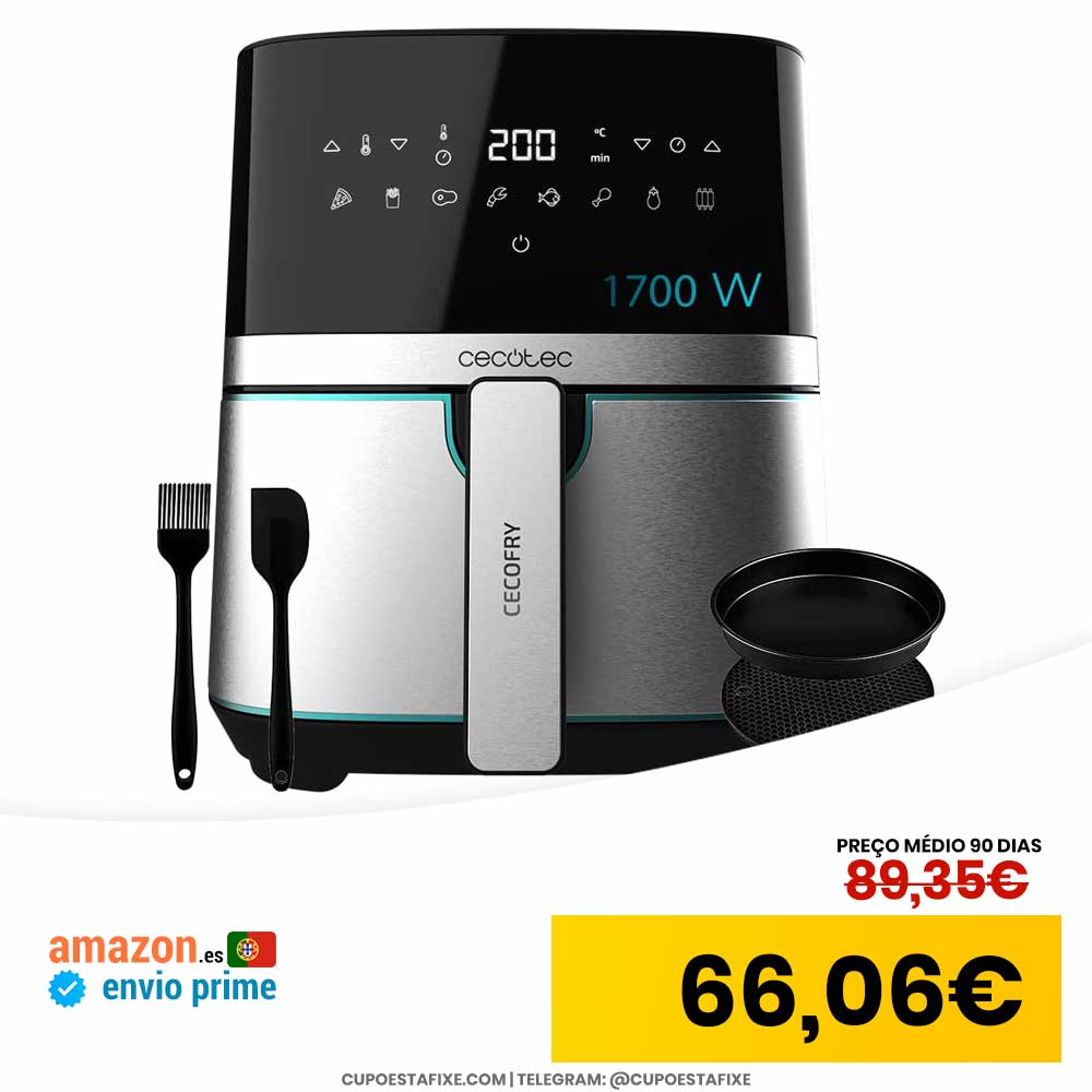 Cecotec Frigideira de ar sem óleo de 5,5 l, Air Fryer Cecofry Full Inox 5500 Pro, com acessórios. 1700 W, dietética e digital, tátil, acabamentos em aço...