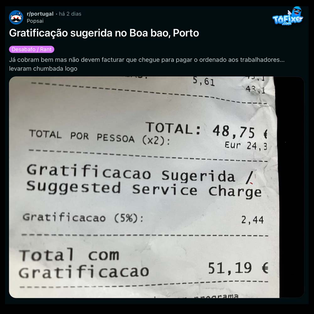 Gratificação sugerida no Boa bao, Porto tafixe